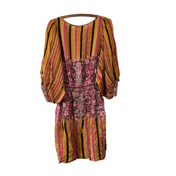 Anthro Tanvi Kedia Womens Multicolored Stripes Floral Beaded Cinched Dress M - Picture 5 of 7